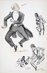 Gentleman i hvitt slips og gentleman i bowlerhatt prøver å danse til jazz, fremført av to musikere som spiller saksofon og banjo, fra White Bottoms, pub. 1927 (fargeblokktrykk)